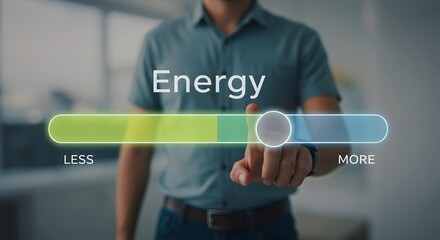 Energy management slider. Innovative virtual energy adjustment concept, businessman interacting with futuristic interface, modern visualization of energy control, efficient management