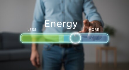 Energy management slider. Innovative virtual energy adjustment concept, businessman interacting with futuristic interface, modern visualization of energy control, efficient management