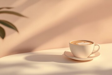 Obraz premium Latte art in a white cup on a table in sunlight.