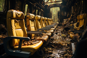Fototapeta premium an abandoned train carriage with rows of old, dusty and worn yellow seats. 