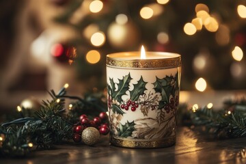 Lit Christmas candle with holly design, surrounded by lights and greenery.