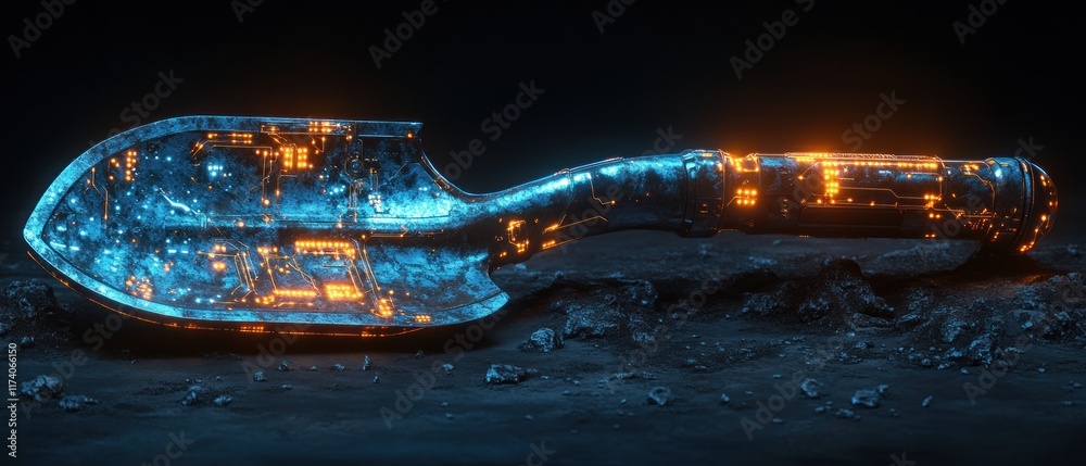 Poster Futuristic Data Mining Process with High-Tech Shovel and Neon Circuitry