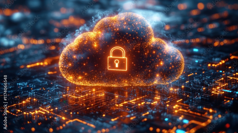 Poster cloud security services abstract illustration with padlock and technology elements