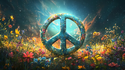 Enchanting peace symbol in vibrant nature with glowing flowers and earth background. Earthbound. Illustration