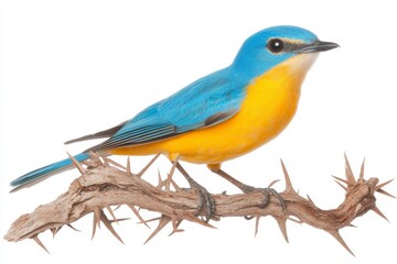Obraz premium Colorful bird, a blue tit. Isolated, cute bird on a branch. On a white background. Bird species: Eurasian Blue Tit (Cyanistes caeruleus)