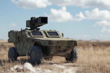 Fototapeta premium Military reconnaissance vehicle equipped with advanced surveillance technology in open terrain