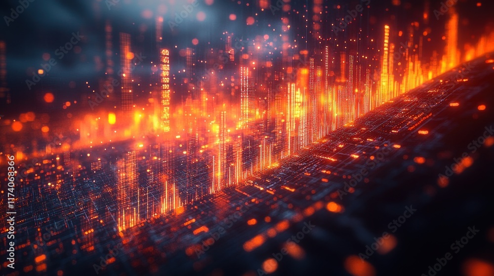 Poster Futuristic Financial Data Visualization in Cyberpunk Style with Business Graphs and Abstract Technology Background