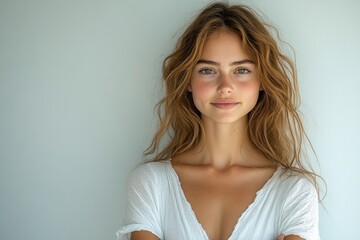 Minimalist Portrait of a Woman with Crossed Arms in Soft Light and White Background