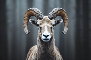 Obraz premium Close-up portrait of a mouflon (Ovis orientalis orientalis) featuring large horns in the Czech Republic