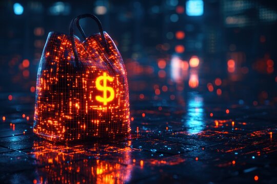 Digital Money Bag with Dollar Icon Binary Code AI Financial Transactions Fraud Detection Portfolio Management Services