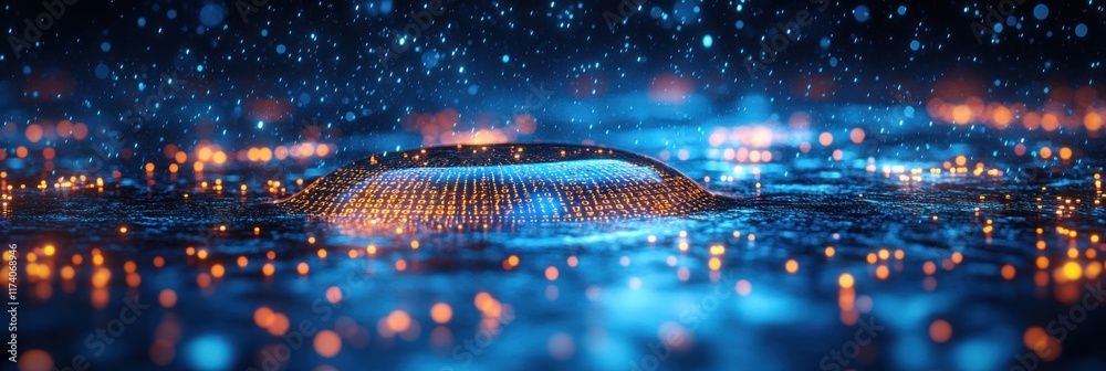 Poster Digital Blue Water Drop Icon with Binary Code for Artificial Intelligence in Water Resource Management and Environmental Monitoring