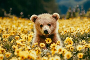 Fototapeta premium Attentive brown bear, ursus arctos, standing on a green meadow in spring, facing the camera with open space for text. A wild animal alerts to observers in summer, set against its natural habitat