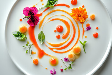Colorful gourmet dish artfully arranged with vibrant sauces and fresh flowers on a white plate