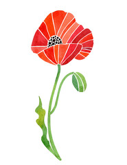 Red ornamental flower. Watercolor illustration, postcard.