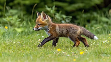 Naklejka premium Little red fox, vulpes vulpes, gazes at green grass in a summer meadow, with ample surrounding space. A young orange predator stands among wildflowers. Wildlife, featuring an animal, amidst a