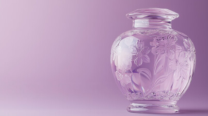 This graceful crystal vase features intricate floral engravings and is placed on a gentle purple background, highlighting its delicate design and craftsmanship