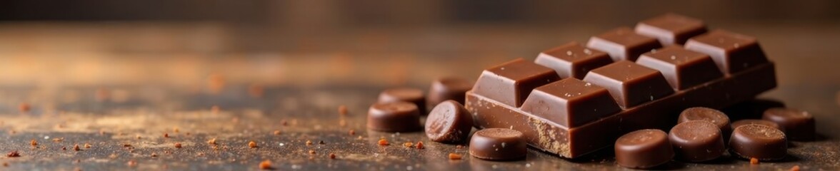 Chocolate bar with chunky chocolate candies on a wooden table, confectionery, food display