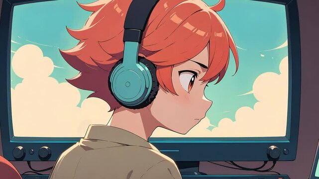 Lofi animation. Seamless loop. Girl listening music
