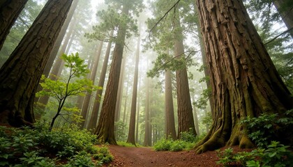 Naklejka premium Majestic redwood forest enveloped in mist, serene nature escape