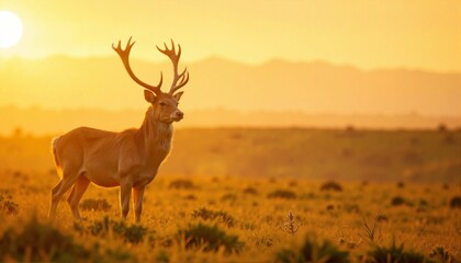 Naklejka premium Majestic stag standing on hill at sunset, natural beauty