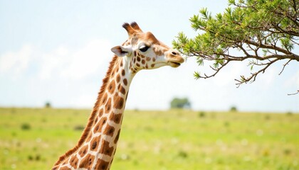Obraz premium Giraffe reaching for acacia leaves in open plain, grassland ecosystem