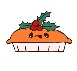 Pumpkin pie, minced pie with holly on the top. Cute hand drawn character. 