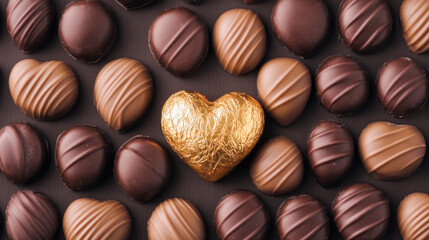 Fototapeta premium Heart-shaped chocolates with a golden foil centerpiece on display