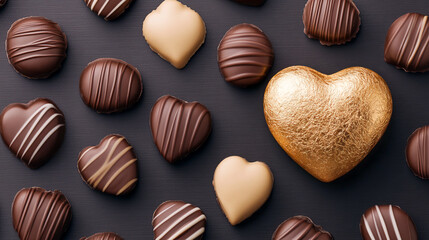 Fototapeta premium Assorted chocolate hearts with golden heart center on dark background