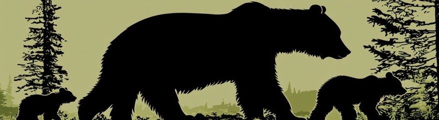 a seamless texture featuring modern mountains, a forest, and woodland background with a black bear family