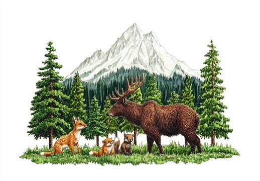Fototapeta Watercolor composition featuring forest animals and natural elements, including deer, fox, bear, a mountain, green trees, pine, fir, and flowers. Depicting woodland creatures in their natural