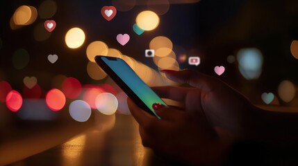 woman scrolling smartphone in neon lit city as hearts and social icons float symbolizing valentine’s day love copyspace concept of marketing, technology, commerce