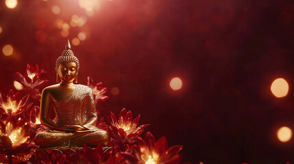 Peaceful Vesak Background with Golden Buddha Statue and Lotus Flowers