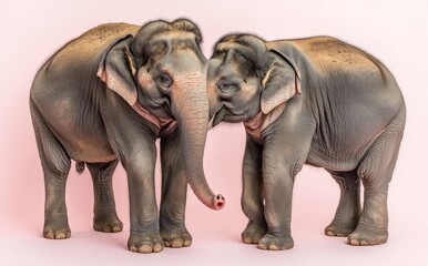 Obraz premium Animal pastel love concept, with wild animals showing affection by hugging, featuring two elegant elephants. A Valentine's Day scene in the animal kingdom. Illustration, Stock