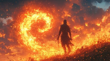 dynamic fantasy warrior silhouette wielding glowing staff surrounded by flames at twilight