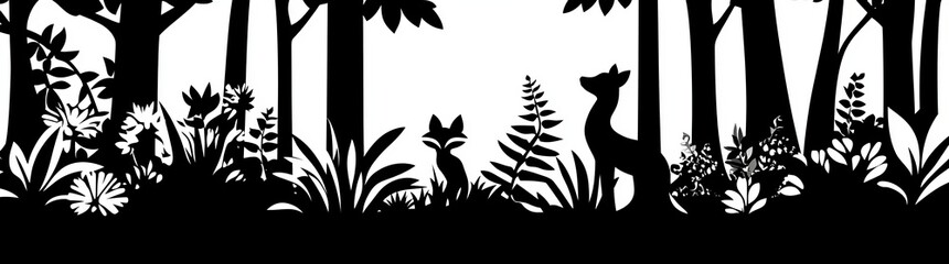 Modern illustration of a black silhouette featuring wild forest animals like deer alongside fir and spruce trees, set in a camping adventure and wildlife hunting scenery, presented as a panoramic