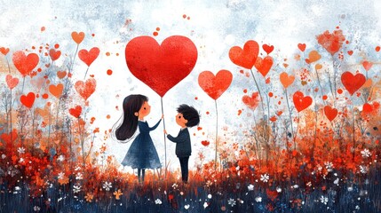 A whimsical illustration of two children holding a heart balloon amidst a field of hearts.