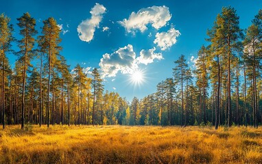 Fototapeta premium Sunny autumn day in a pine forest with golden grass.