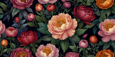 Vibrant Peony, floral Seamless Pattern, beautiful fantasy vintage wallpaper botanical flower bunch, vintage motif for floral print digital background, vintage wallpaper botanical bouquet of flowers