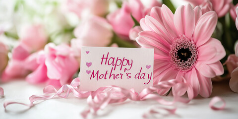 A bouquet of pink gerbera flowers set against a plain sunlit background. In the foreground, a greeting card reads "Happy Mothers day," surrounded by pink ribbons