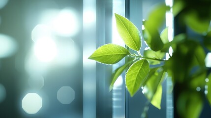 Innovative eco-friendly business hub showcasing digital technology in a lush urban environment with a focus on sustainability