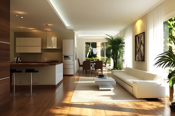Fototapeta premium A modern, bright living space with open layout, plants, and cozy furniture.