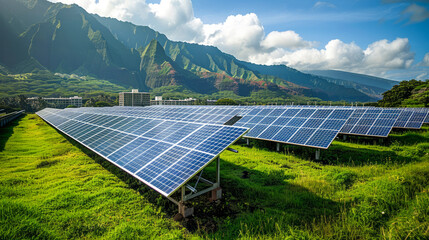 Solar panels on a green field with mountain range in background