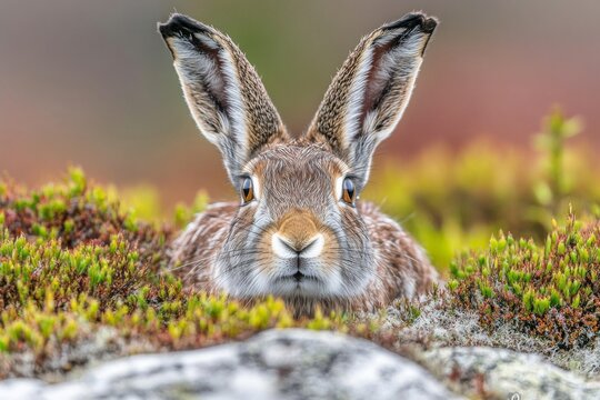 A wild brown European hare stands in the grass, gazing at the camera. Lepus europaeus is positioned on the ground in front of a verdant forest backdrop