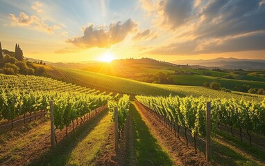 Fototapeta premium Tuscan Sunset Vineyard: Golden Hour in the Italian Countryside