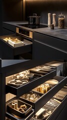 Modern kitchen interior featuring organized drawers with utensils and containers.