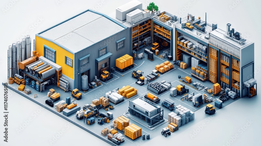 Poster isometric illustration of modern smart warehouse system with inventory control and iot technology