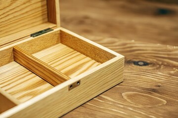 Open wooden box on rustic wood surface with natural texture and grain