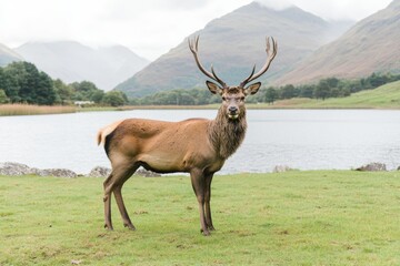 Obraz premium A red deer stands proudly atop a lush grass field, surveying the hills above Lochcarron