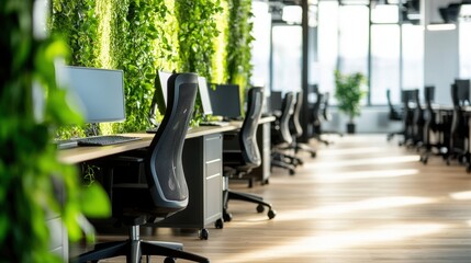Modern office environment with greenery and digital dashboards urban setting interior design contemporary vibe inviting space