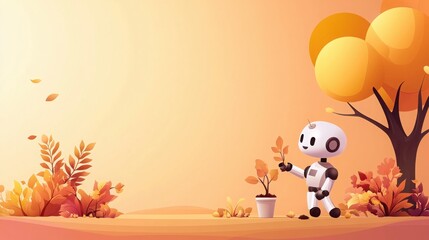 Ai-powered robots assisting humans to plant trees autumn landscape digital art nature close-up sustainable future